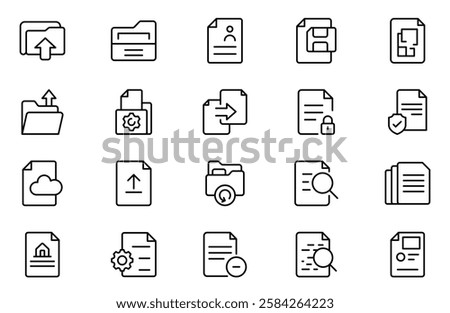 Document Management line Icon Set. Streamlined icons for organizing, storing, and sharing files, perfect for productivity apps, cloud storage, and business workflows.