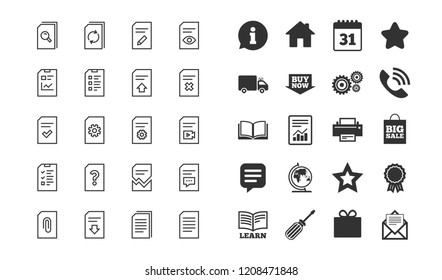 Document Management line icons. Set of Report, Checklist and Copy signs. Download document file, Remove and Attach clip. Search, Edit report and Corrupt file. Information checklist, calendar. Vector