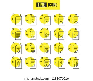 Document Management line icons. Set of Report, Checklist and Copy signs. Download file, Remove and Attach clip symbols. Search, Edit and Corrupt file. Quality futuro design icons. Editable stroke