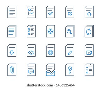 Document Management line icons. Set of Report, Checklist and Copy icons. Download file, Remove and Attach clip symbols. Search, Edit management document and Corrupt report file. Checklist copy