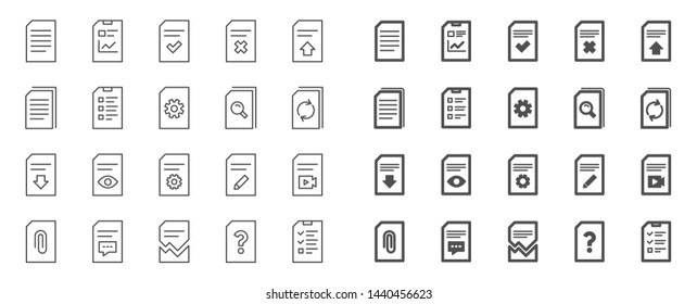 Document Management line icons. Set of Report, Checklist and Copy icons. Download file, Remove and Attach clip symbols. Search, Edit management document and Corrupt report file. Checklist copy