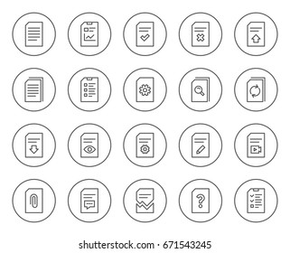 Document Management line icons. Set of Report, Checklist and Copy signs. Download file, Remove and Attach clip symbols. Search, Edit and Corrupt file. Circle buttons with linear elements. Vector