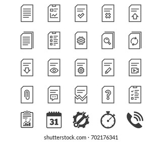 Document Management line icons. Set of Report, Checklist and Copy signs. Download file, Remove and Attach clip symbols. Search, Edit and Corrupt file. Report, Calendar and Service signs. Vector