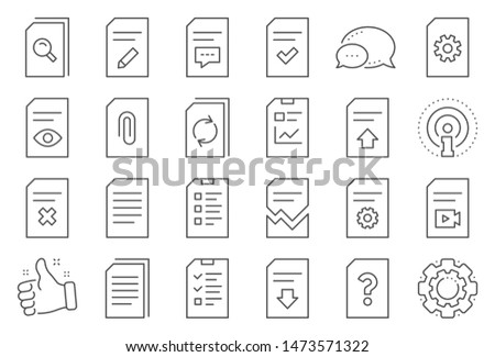 Document Management line icons. Set of Report, Checklist and Copy icons. Download file, Remove and Attach clip symbols. Search, Edit management document and Corrupt report file. Checklist copy. Vector