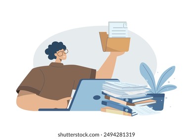 Gestión de documentos, archivos de oficina, documentos comerciales, concepto de almacenamiento de información. Mujer de negocios trabajando en el archivo de varios documentos importantes. Ilustración de diseño de Vector.
