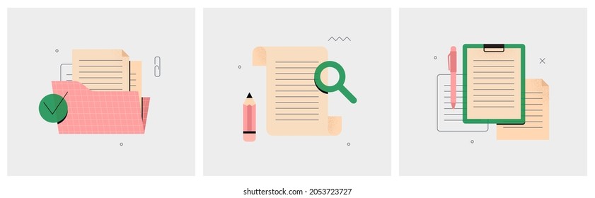 Document management, office paperwork, business papers collection. Agreement, contract, report. Set of illustrations on file check, verification, search, storage. Flat vector illustrations