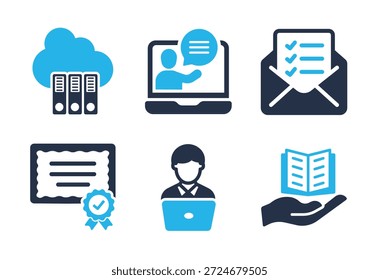 Conjunto de iconos de administración de documentos y servicio de Educación en línea. Iconos de la serie de glifos sólidos