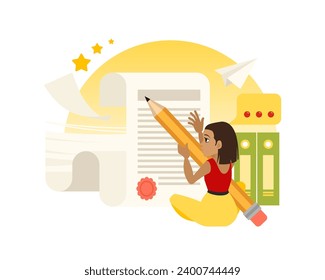 Document management and record keeping. The girl is sitting with a pencil in her hands and signing a document. Flat vector illustration