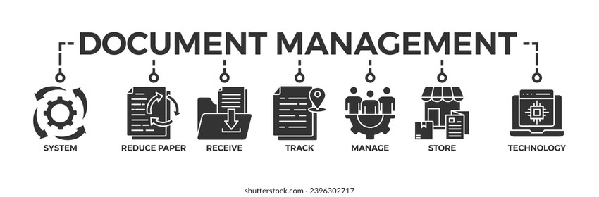 Document management system banner web icon vector illustration concept with icon of file, cloud storage, audit, security, search, indexing, classification, version control	