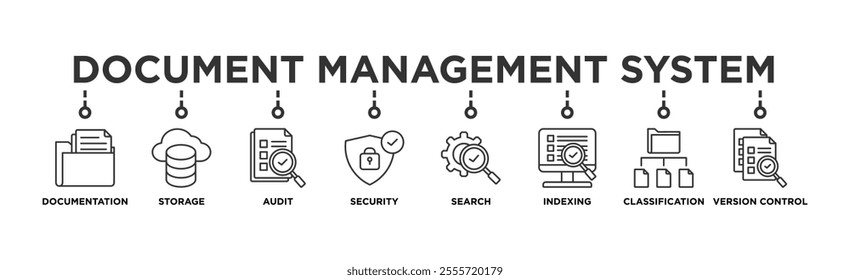 Document management system banner web icon vector illustration concept with icon of file, cloud storage, audit, security, search, indexing, classification, version control	