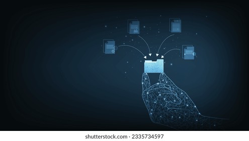 Document management system concept. Document management information system icon on the hand. organize, and manage digital documents. Centralized repository for storage, and distribution.