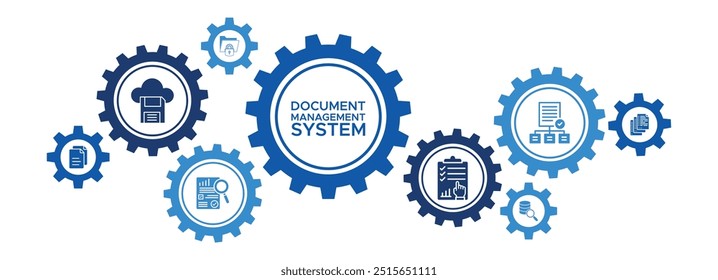 Banner de eficiência do sistema de gerenciamento de documentos com ícones de armazenamento em nuvem, segurança de arquivos e classificação