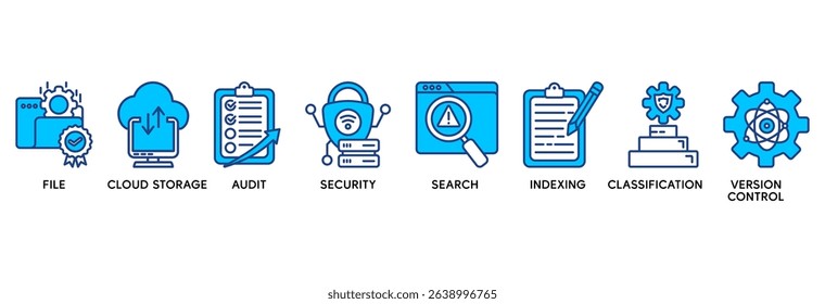 Document management system icon set vector illustration concept relate to file, cloud storage, audit, security, search, indexing, classification, version control