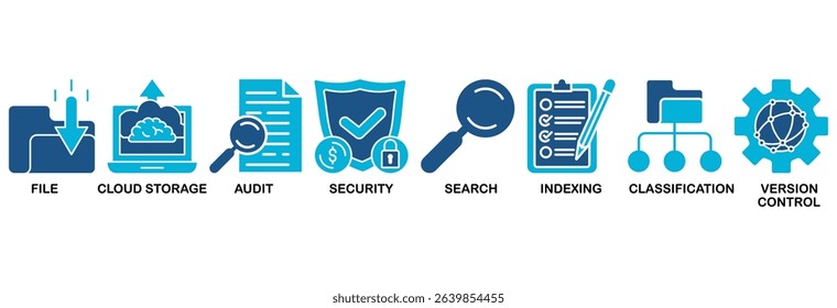 Document management system icon set vector illustration concept with icon of file, cloud storage, audit, security, search, indexing, classification, version control