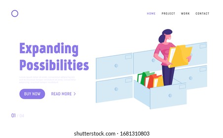 Document Management System, Information Database Catalog Landing Page Template. Business Woman Character Stand at Huge Data File Archive Storage Holding Folder with Docs. Cartoon Vector Illustration