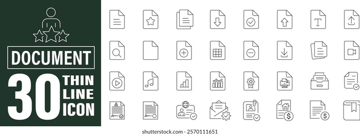 Document Management System Line Icon Set; Digital File Organization, Paperwork, and Cloud Storage Symbols for Business Workflow