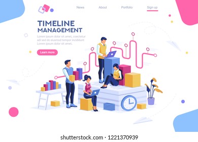 Document management, team thinking, brainstorming analytics information about company. Clock always at office. Around infographic flying presentation history timeline concept. Flat isometric character