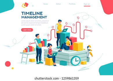 Document management, team thinking, brainstorming analytics information about company. Clock always at office. Around infographic flying presentation history timeline concept. Flat isometric character