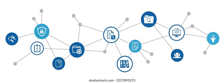 Dokumentenmanagement, Vektorgrafik. Blaues Konzept ohne Personen, die mit Software für digitales Dateispeichersystem, Unternehmensregisterverwaltung, Datenbanktechnologie, Remote-Dateizugriff, gemeinsame Nutzung von Dokumenten zu tun haben