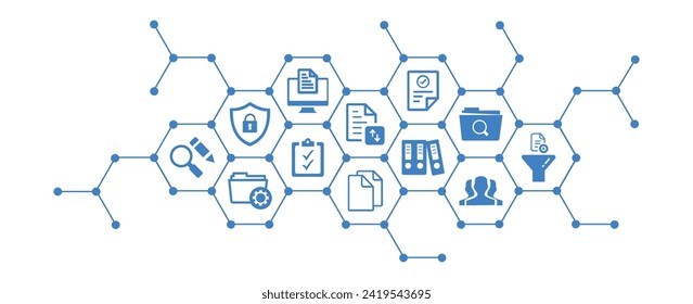 Dokumentenmanagement, Vektorgrafik. Blaues Konzept ohne Personen, die mit Software für digitales Dateispeichersystem, Unternehmensregisterverwaltung, Datenbanktechnologie, Remote-Dateizugriff, gemeinsame Nutzung von Dokumenten zu tun haben