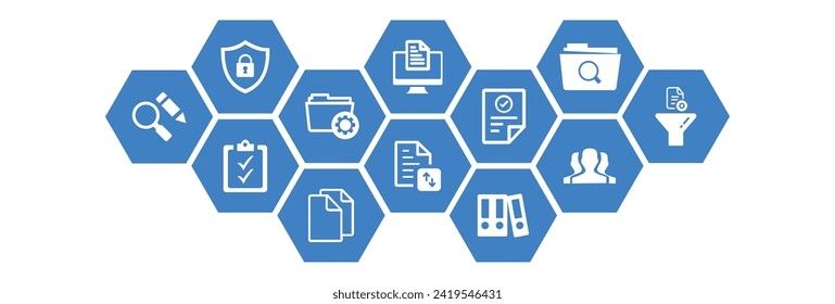 Ilustración vectorial de administración de documentos. Concepto azul sin personas relacionadas con el software del sistema de almacenamiento de archivos digitales, mantenimiento de registros corporativos, tecnología de bases de datos, acceso remoto a archivos, uso compartido de documentos