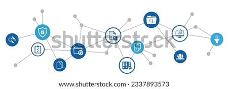 Document management vector illustration. Blue concept with no people related to digital file storage system  software, corporate records keeping, database technology, remote file access, doc sharing