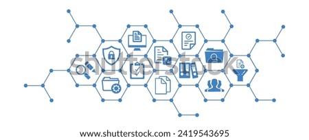 Document management vector illustration. Blue concept with no people related to digital file storage system software, corporate records keeping, database technology, remote file access, doc sharing