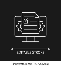 Document management white linear icon for dark theme. Creating and organizing online documents. Thin line customizable illustration. Isolated vector contour symbol for night mode. Editable stroke