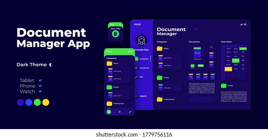 Document manager app screen vector adaptive design template. Online file directory application night mode interface with flat characters. Smartphone, tablet, smart watch cartoon UI