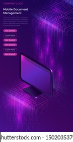 Document Manager Business Concept Vector Isometric Illustration. Computer Monitor On Purple Ultraviolet Background With Information Waterfall Or Big Data Stream, Vertical Banner Or Landing Webpage