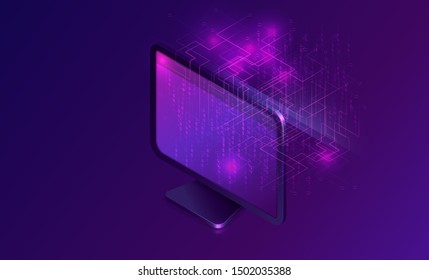 Document Manager Business Concept Vector Isometric Illustration. Computer Monitor On Purple Ultraviolet Background With Information Waterfall Or Big Data Stream, Vertical Banner Or Landing Webpage