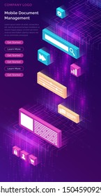 Document manager business concept vector isometric illustration. Data waterfall, visualization of digital code electronic stream and 3D computer icons on ultraviolet background, analysis and search