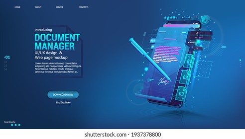 Document manager - Mobile Phone App for business. Signing a contract or agreement online. Digital signature concept using a pen on a phone or tablet display. E-signature and high level of protection