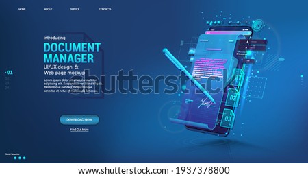 Document manager - Mobile Phone App for business. Signing a contract or agreement online. Digital signature concept using a pen on a phone or tablet display. E-signature and high level of protection