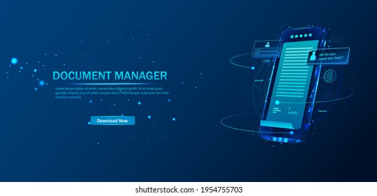 Document manager. Polygonal digital signature concept.Signing a contract or agreement online. Digital signature concept using a pen on a phone or tablet display. 