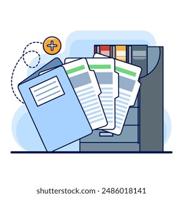 Document and media content concept. Monitor display with yellow folders, file search and indexing. File manager, data storage, work document archive, flat vector illustration on background.