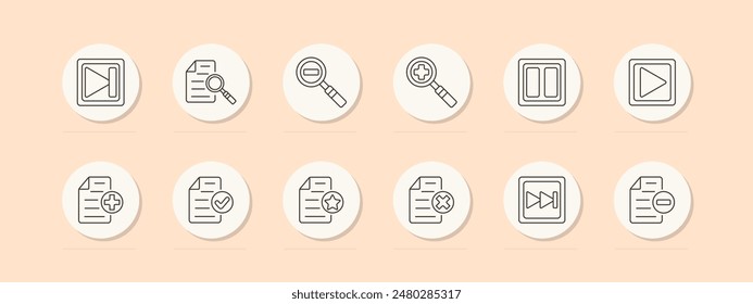 Document media set icon. Play, search, zoom, add, file, check, star, reject, forward, pause, magnify, document control. Digital file management, media playback, interface elements. Vector line icon