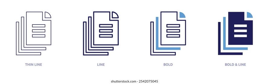 Icono de metadatos del documento en 4 estilos diferentes. Línea delgada, línea, negrita y línea negrita. Estilo duotono. Trazo editable.
