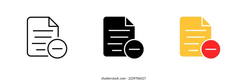 Documento con el icono de la línea de botón menos. Digital, hoja de papel, eliminar, rechazar, documentar, borrar. Concepto de administración de archivos. Icono de vector en línea, estilo negro y colorido sobre fondo blanco