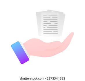 Document mockup in hand. Flat, color, document in hand, document mockup, sheet of paper. Vector icon