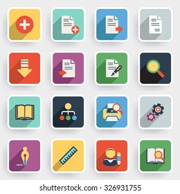 Document modern flat icons with color buttons on gray background.