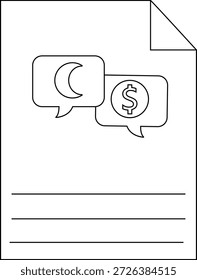 Documento con iconos de luna y dinero en burbujas de discurso con líneas en la parte inferior y una esquina doblada