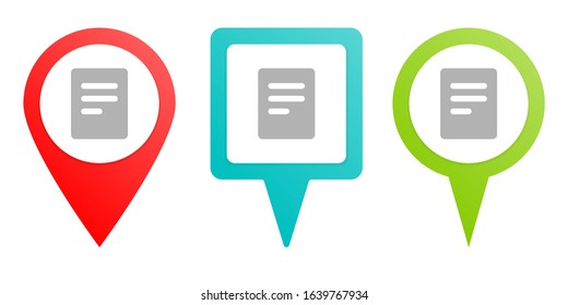 document. Multicolor pin vector icon, diferent type map and navigation point.