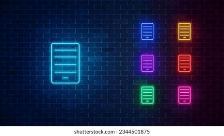 Document Neon icon set. Glowing file sign. Vector illustration