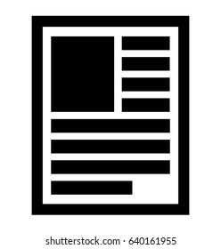 Document, note, book, publication page symbol, icon. Layout of a page with lines of text and left-aligned image. Simple flat document, note, memo icon