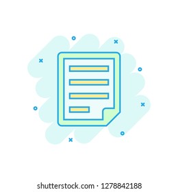 Document note icon in comic style. Paper sheet vector cartoon illustration pictogram. Notepad document business concept splash effect.