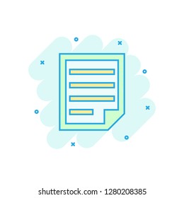 Document note icon in comic style. Paper sheet vector cartoon illustration pictogram. Notepad document business concept splash effect.