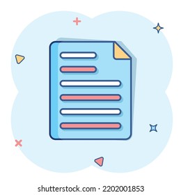 Document note icon in comic style. Paper sheet vector cartoon illustration pictogram. Notepad document business concept splash effect.