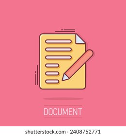 Document note icon in comic style. Paper sheet vector cartoon illustration pictogram. Notepad document business concept splash effect.