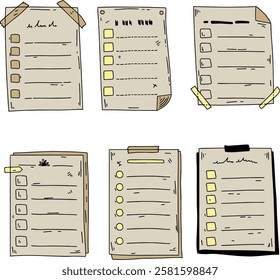 Document note list. Doodle clipboard page, business paper test. Office checkbox questionnaire. Sketch checklist file